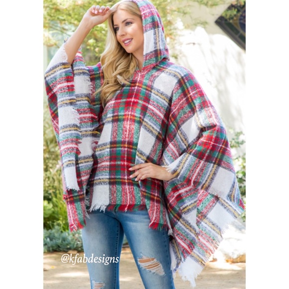 Tops - LAST! EASY WEAR! SOFT AND WARM KNITTED PLAID HOODED CAPE/PONCHO